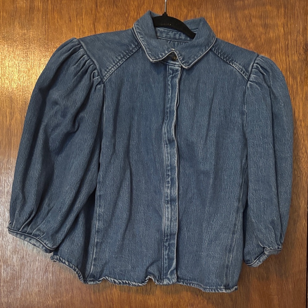 Zara Washed Denim Puff-Sleeve Shirt - Blue - Picture 2 of 4